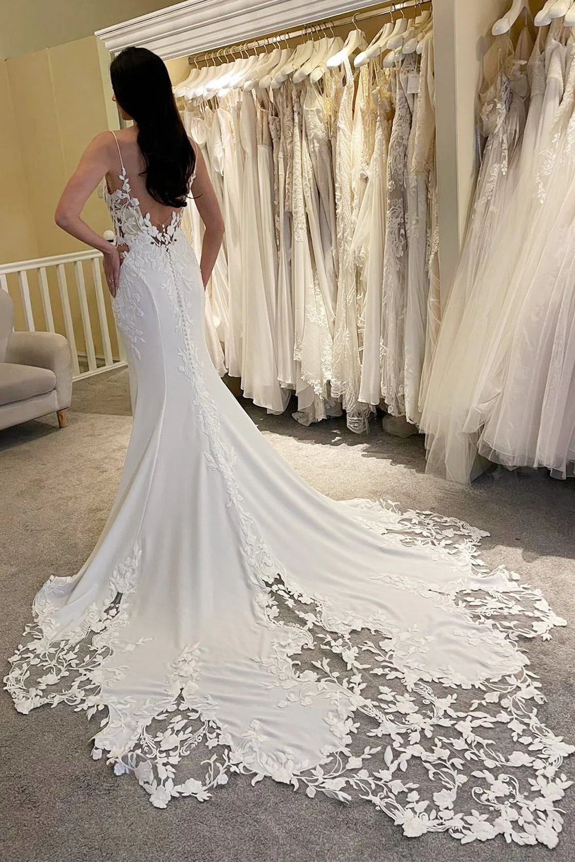 Charming V-Neck Satin Spaghetti-Straps Wedding Dresses Sleeveless Mermaid Open Back With Appliques Lace - Image 2
