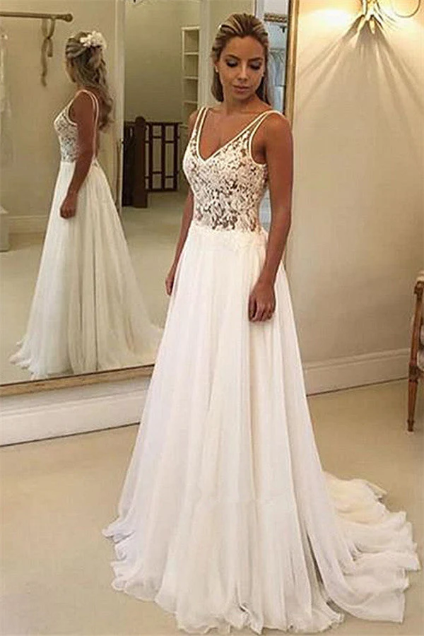 Charming V Neck Sleeveless Wedding Dress With Lace Appliques - Image 2