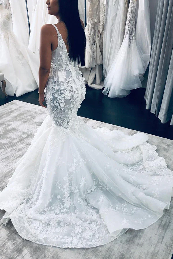 Charming V Neck Sleeveless Mermaid Wedding Gown Floral Lace Bridal Gown - Image 2
