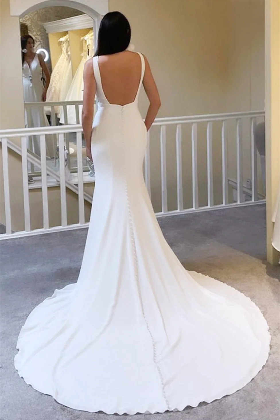 Charming V-Neck Straps Satin Mermaid Wedding Dresses Sleeveless Sheath Open Back With Buttons - Image 2