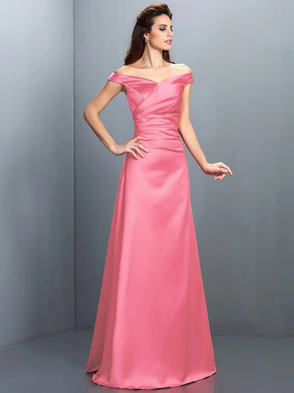 Charming Off-the-Shoulder Sleeveless Long Satin Bridesmaid Dresses - Image 28