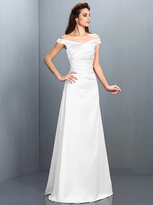 Charming Off-the-Shoulder Sleeveless Long Satin Bridesmaid Dresses - Image 29