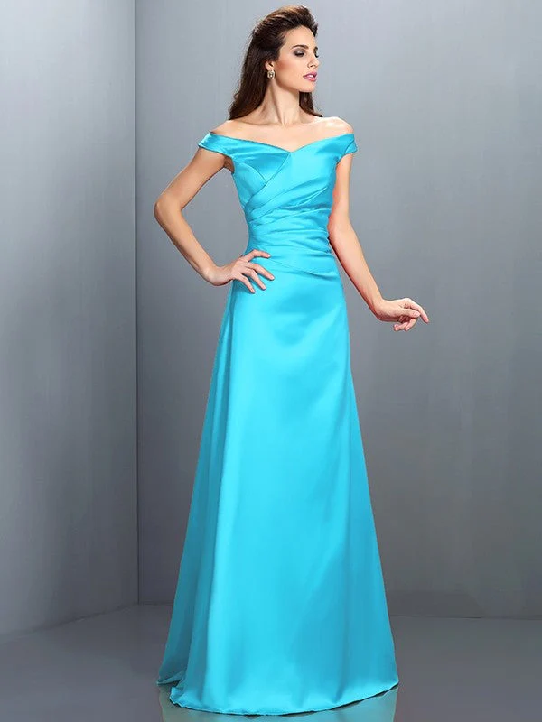 Charming Off-the-Shoulder Sleeveless Long Satin Bridesmaid Dresses - Image 3