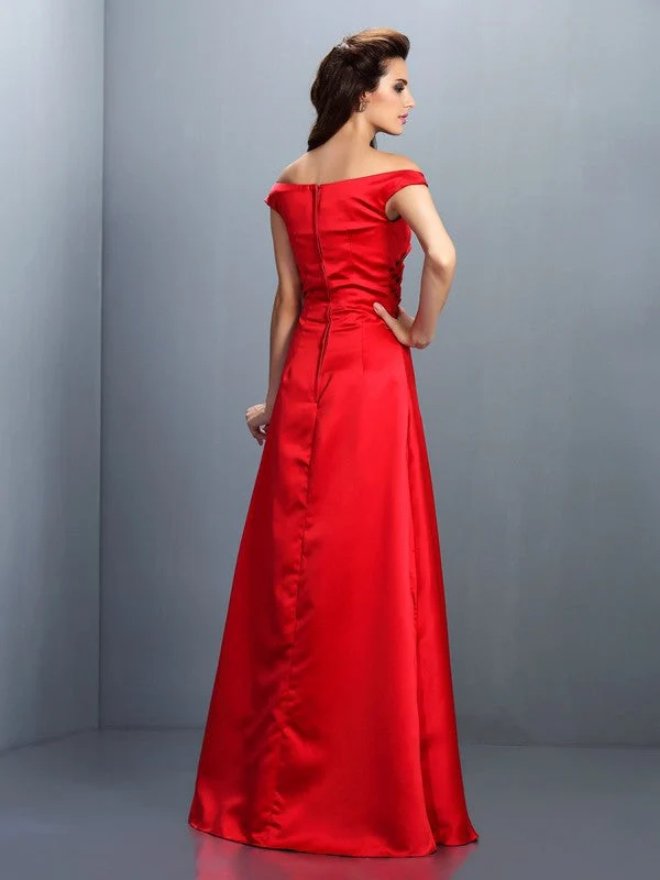 Charming Off-the-Shoulder Sleeveless Long Satin Bridesmaid Dresses - Image 30