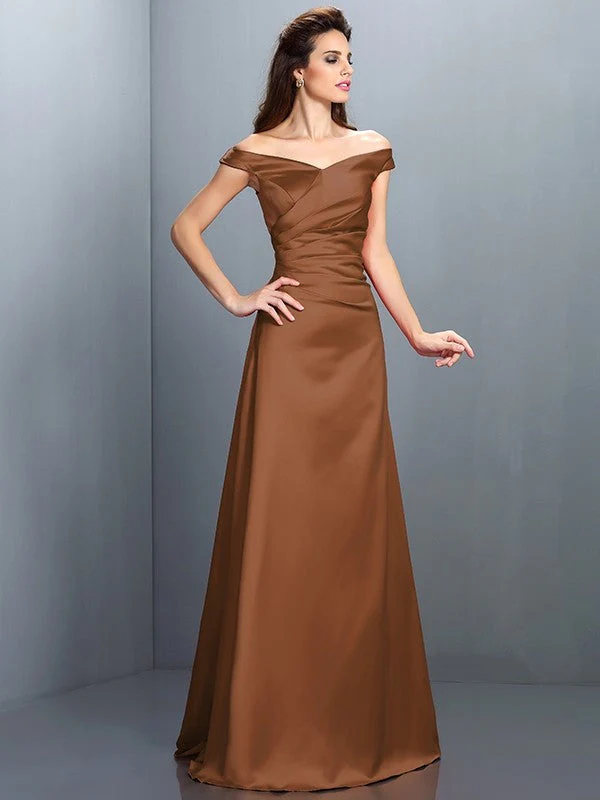 Charming Off-the-Shoulder Sleeveless Long Satin Bridesmaid Dresses - Image 4