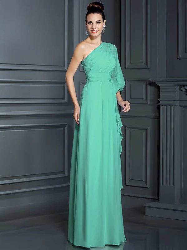 Charming One Shoulder 3/4 Sleeves Long Chiffon Bridesmaid Dresses - Image 14
