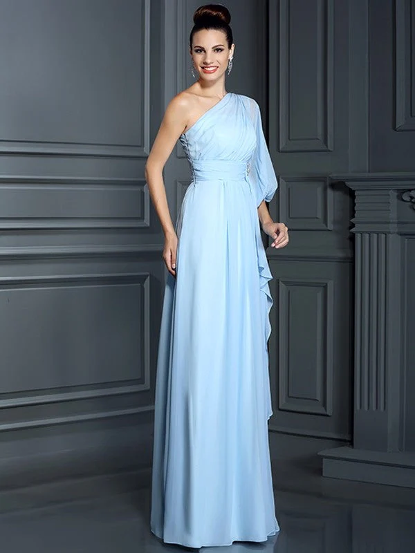 Charming One Shoulder 3/4 Sleeves Long Chiffon Bridesmaid Dresses - Image 17