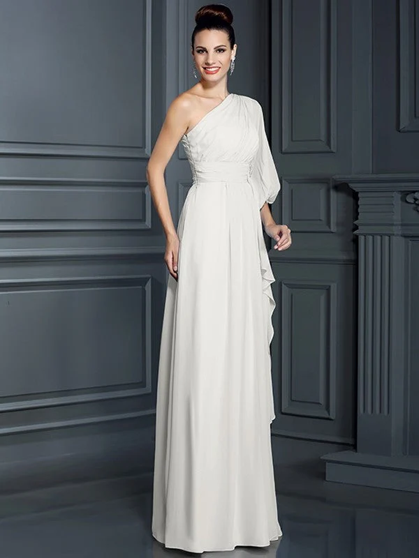 Charming One Shoulder 3/4 Sleeves Long Chiffon Bridesmaid Dresses - Image 18