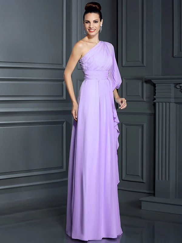 Charming One Shoulder 3/4 Sleeves Long Chiffon Bridesmaid Dresses - Image 19