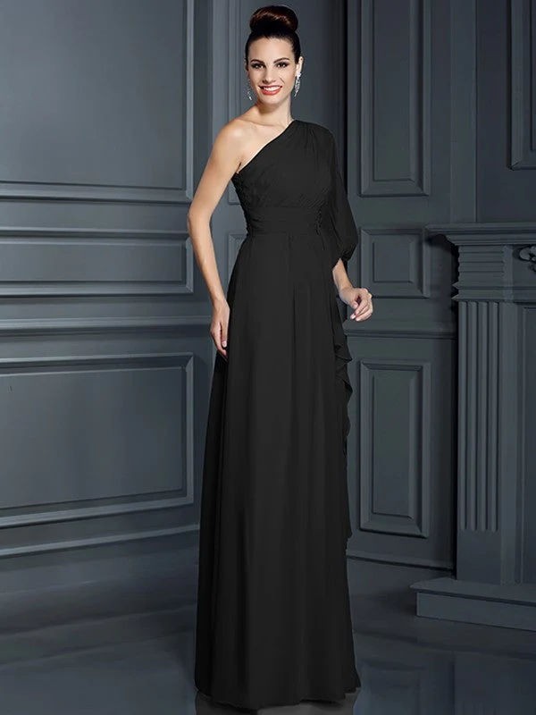 Charming One Shoulder 3/4 Sleeves Long Chiffon Bridesmaid Dresses - Image 2