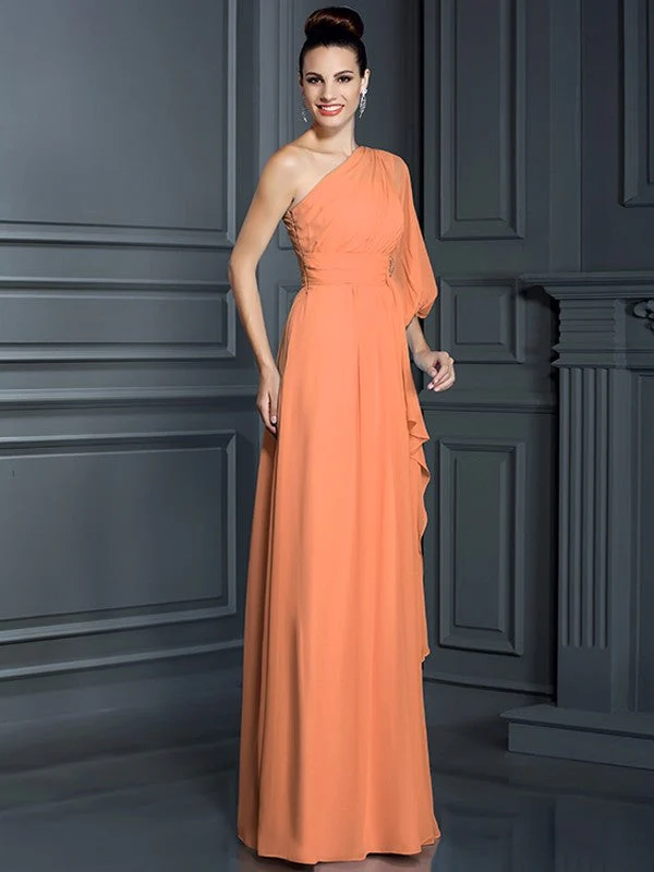 Charming One Shoulder 3/4 Sleeves Long Chiffon Bridesmaid Dresses - Image 20