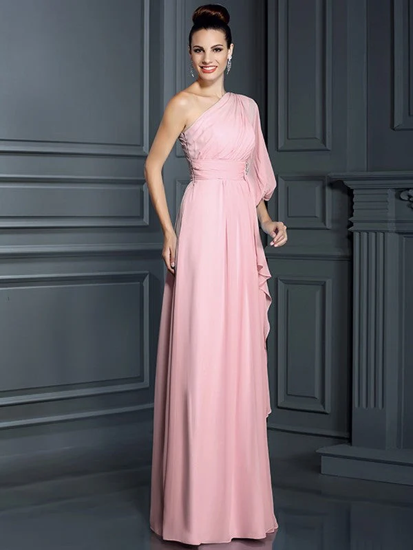 Charming One Shoulder 3/4 Sleeves Long Chiffon Bridesmaid Dresses - Image 21