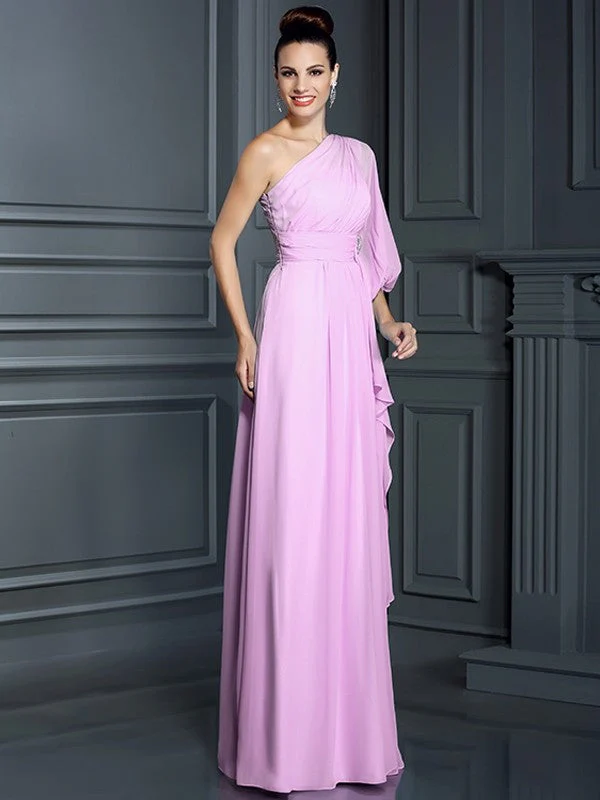 Charming One Shoulder 3/4 Sleeves Long Chiffon Bridesmaid Dresses - Image 22