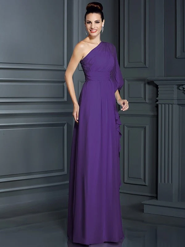 Charming One Shoulder 3/4 Sleeves Long Chiffon Bridesmaid Dresses - Image 24