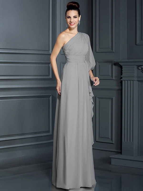 Charming One Shoulder 3/4 Sleeves Long Chiffon Bridesmaid Dresses - Image 26