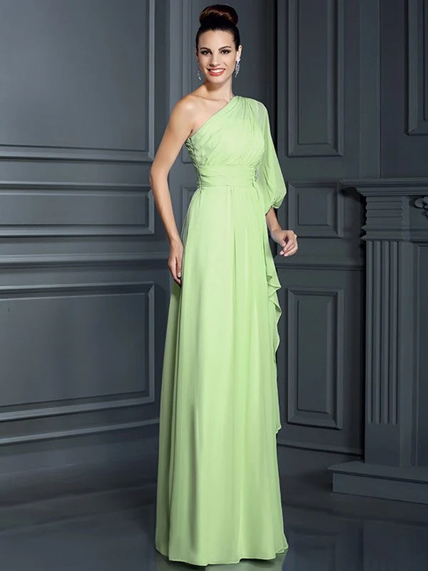 Charming One Shoulder 3/4 Sleeves Long Chiffon Bridesmaid Dresses - Image 27