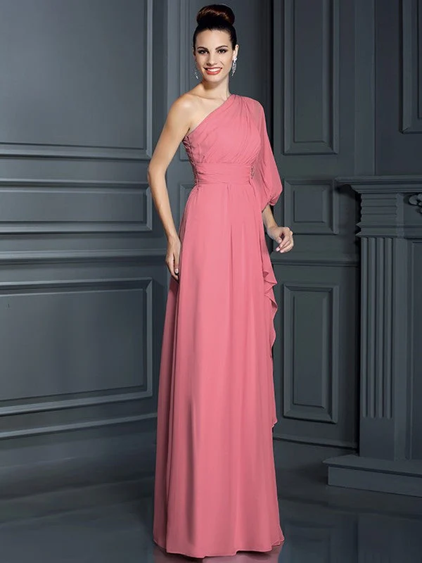 Charming One Shoulder 3/4 Sleeves Long Chiffon Bridesmaid Dresses - Image 28