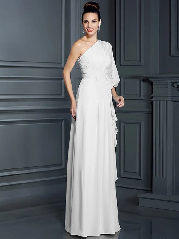 Charming One Shoulder 3/4 Sleeves Long Chiffon Bridesmaid Dresses - Image 29