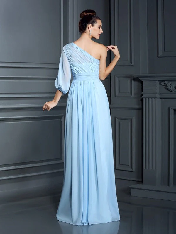 Charming One Shoulder 3/4 Sleeves Long Chiffon Bridesmaid Dresses - Image 30