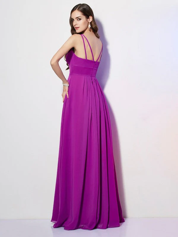 Charming Spaghetti Straps Sleeveless Pleats Long Chiffon Bridesmaid Dresses - Image 30