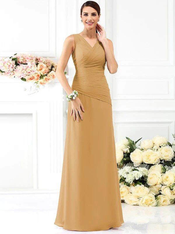 V-Neck Elegant Pleats Sleeveless Long Chiffon Bridesmaid Dresses - Image 11