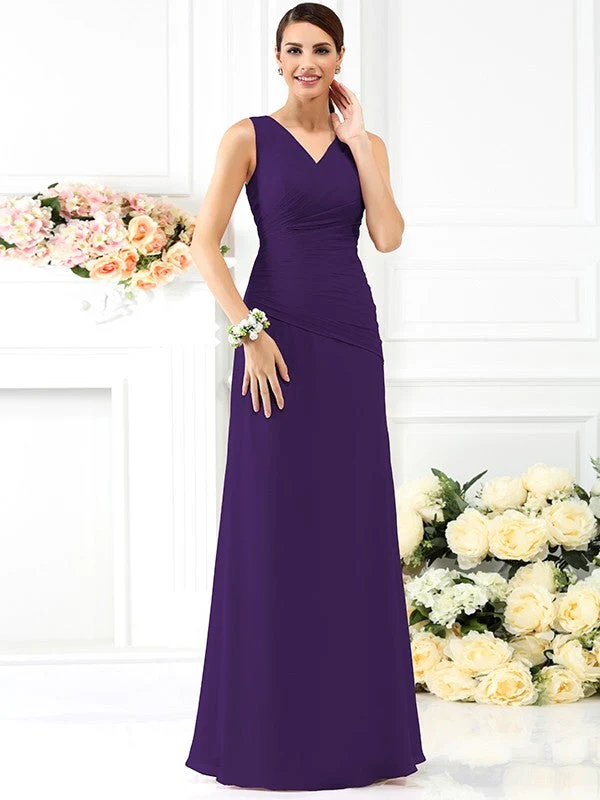 V-Neck Elegant Pleats Sleeveless Long Chiffon Bridesmaid Dresses - Image 12