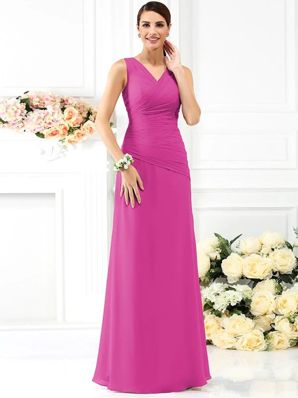 V-Neck Elegant Pleats Sleeveless Long Chiffon Bridesmaid Dresses - Image 13
