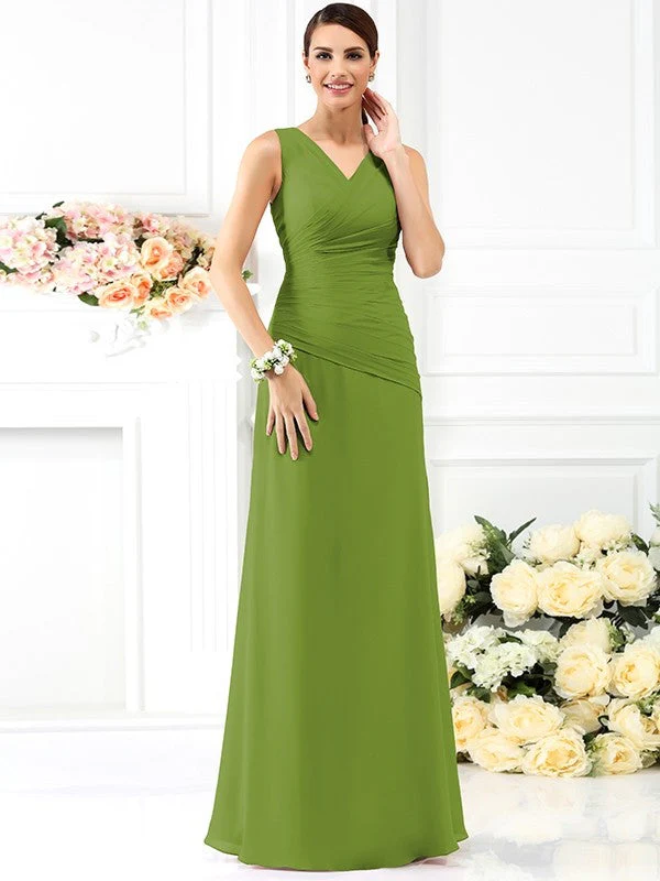 V-Neck Elegant Pleats Sleeveless Long Chiffon Bridesmaid Dresses - Image 14
