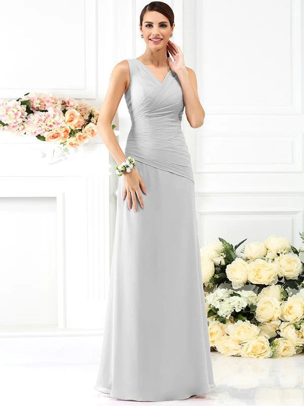 V-Neck Elegant Pleats Sleeveless Long Chiffon Bridesmaid Dresses - Image 16