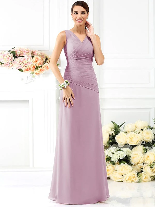 V-Neck Elegant Pleats Sleeveless Long Chiffon Bridesmaid Dresses - Image 19