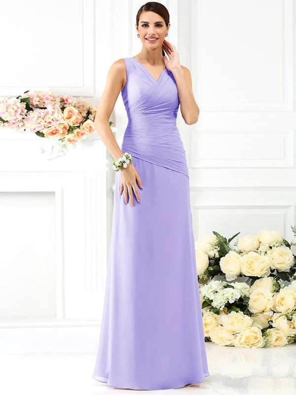 V-Neck Elegant Pleats Sleeveless Long Chiffon Bridesmaid Dresses - Image 20