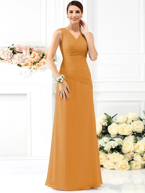 V-Neck Elegant Pleats Sleeveless Long Chiffon Bridesmaid Dresses - Image 21