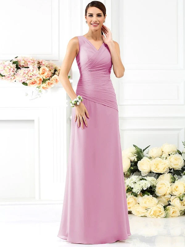 V-Neck Elegant Pleats Sleeveless Long Chiffon Bridesmaid Dresses - Image 22
