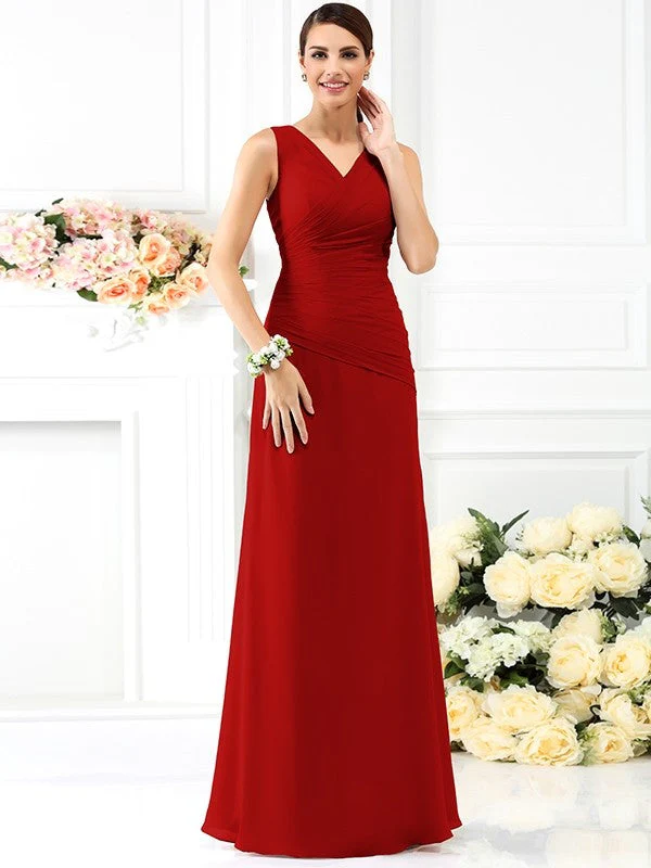 V-Neck Elegant Pleats Sleeveless Long Chiffon Bridesmaid Dresses - Image 23
