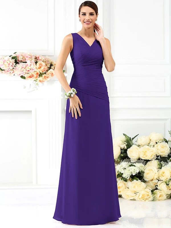 V-Neck Elegant Pleats Sleeveless Long Chiffon Bridesmaid Dresses - Image 24