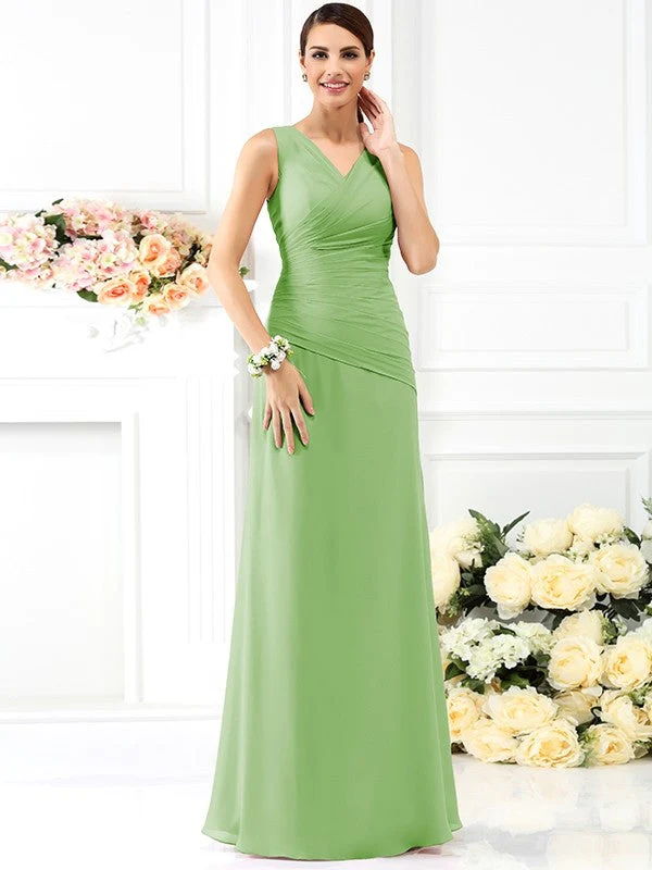 V-Neck Elegant Pleats Sleeveless Long Chiffon Bridesmaid Dresses - Image 26