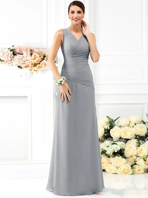 V-Neck Elegant Pleats Sleeveless Long Chiffon Bridesmaid Dresses - Image 27
