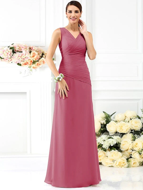 V-Neck Elegant Pleats Sleeveless Long Chiffon Bridesmaid Dresses - Image 28