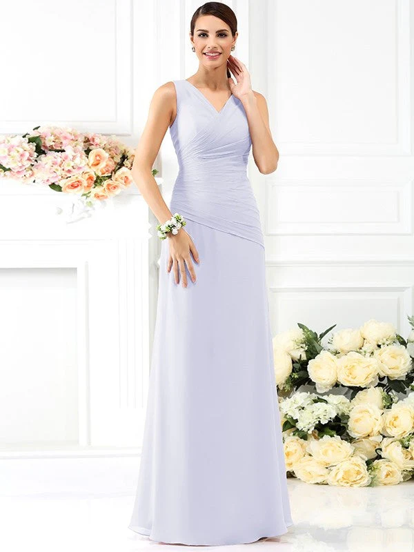 V-Neck Elegant Pleats Sleeveless Long Chiffon Bridesmaid Dresses - Image 29