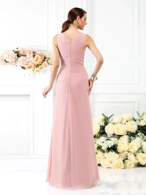 V-Neck Elegant Pleats Sleeveless Long Chiffon Bridesmaid Dresses - Image 30