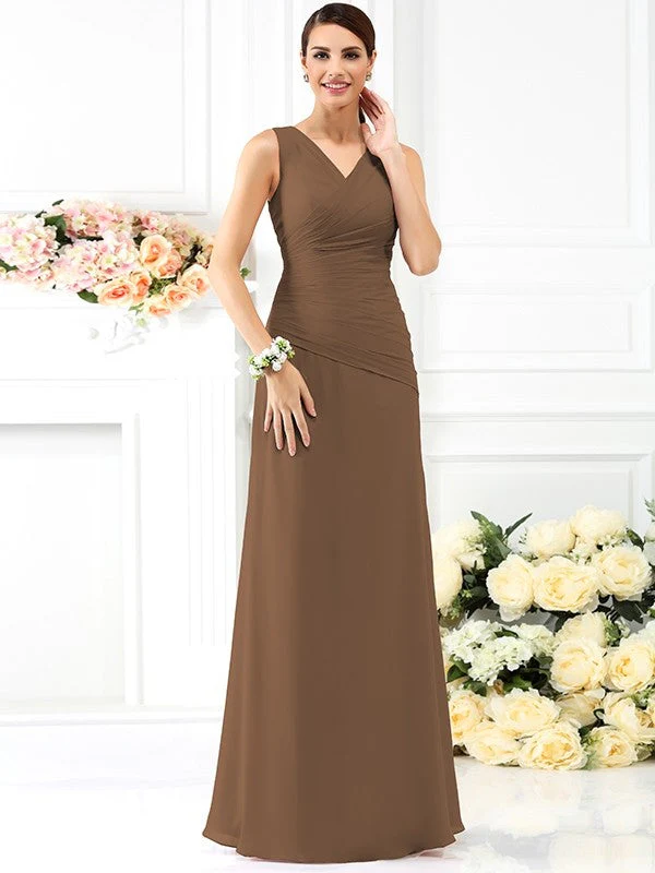 V-Neck Elegant Pleats Sleeveless Long Chiffon Bridesmaid Dresses - Image 4