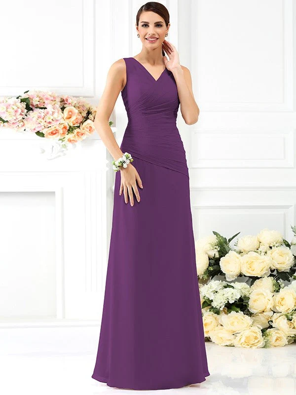V-Neck Elegant Pleats Sleeveless Long Chiffon Bridesmaid Dresses - Image 5