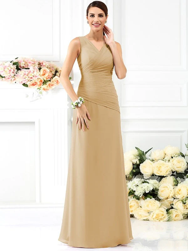 V-Neck Elegant Pleats Sleeveless Long Chiffon Bridesmaid Dresses - Image 6