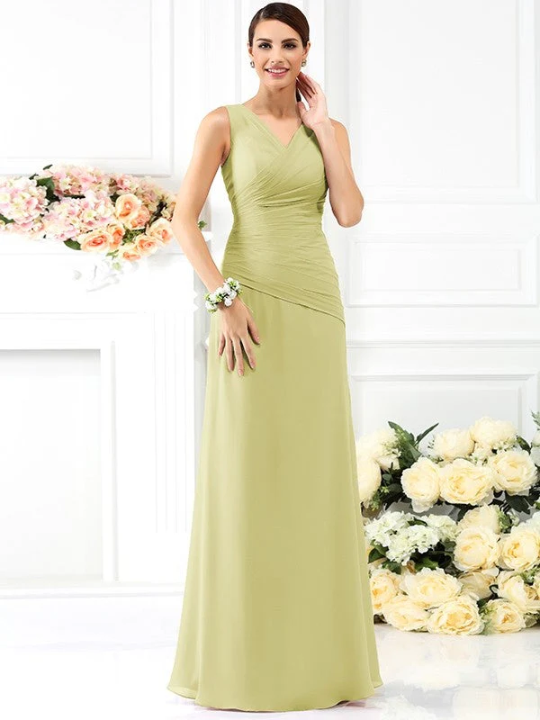 V-Neck Elegant Pleats Sleeveless Long Chiffon Bridesmaid Dresses - Image 8