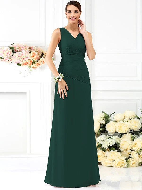 V-Neck Elegant Pleats Sleeveless Long Chiffon Bridesmaid Dresses - Image 9