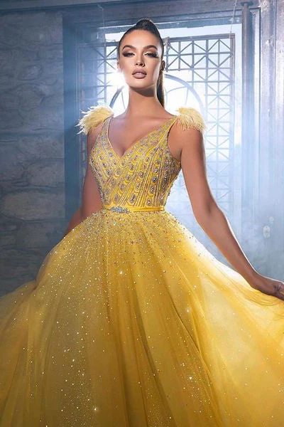 Charming Yellow Sequins Sleeveless Long A-line Prom Dress With Beads - Image 2