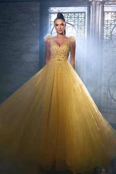 Charming Yellow Sequins Sleeveless Long A-line Prom Dress With Beads - Image 3