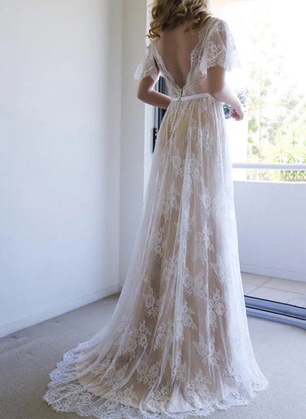 Chic A-line Lace V-Neck Sweep Train Wedding Dress Lace - Image 2