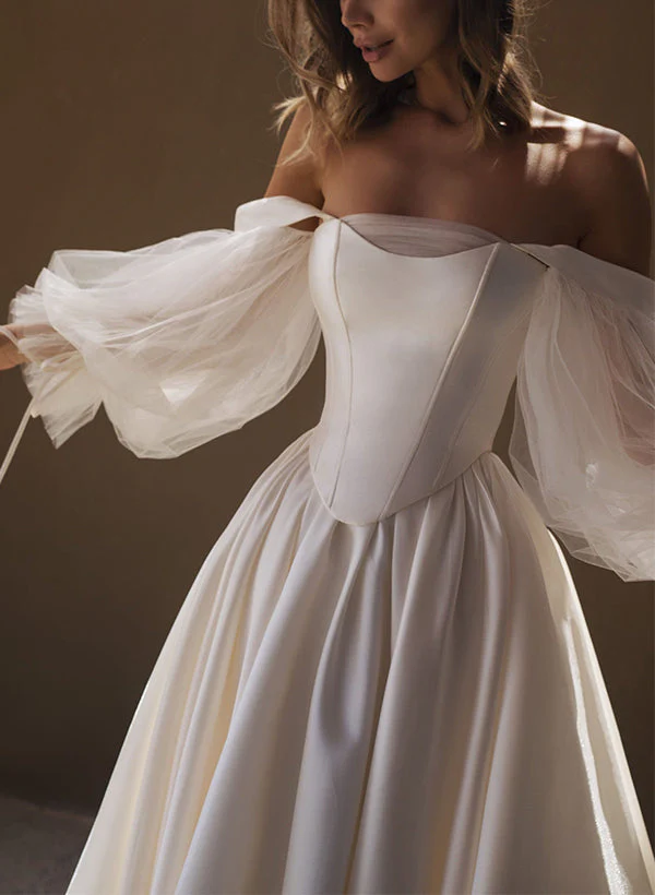 Chic A-line Off-The-Shoulder Long Sleeves Satin Wedding Dresses Pleated - Image 2