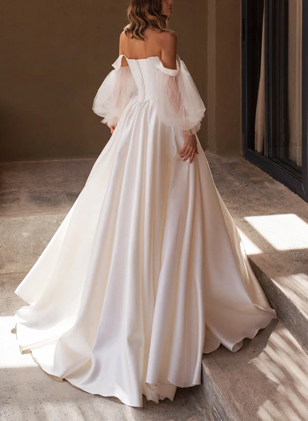Chic A-line Off-The-Shoulder Long Sleeves Satin Wedding Dresses Pleated - Image 3